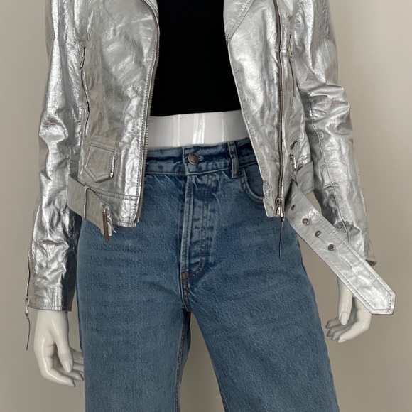 BANO EEMEE Metallic Moto Leather Jacket in Silver - Picture 3 of 13